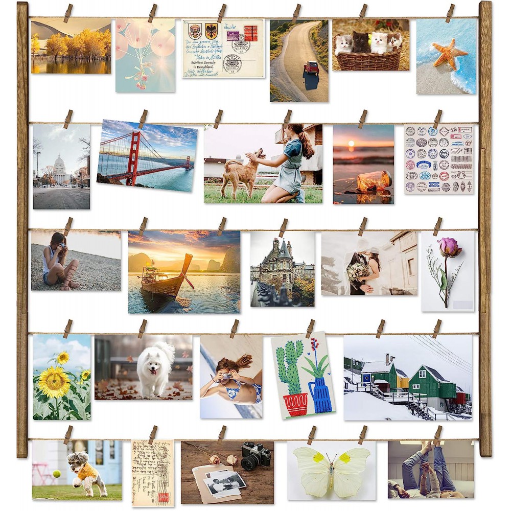 Love-KANKEI Wood Picture Photo Frame for Wall Decor 26×29 inch with 30 Clips and Adjustable Twines Collage Artworks Prints Multi Pictures Organizer and Hanging Display Frames Gift Carbonized Black