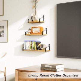 Love-KANKEI Floating Shelves Wall Mounted Set of 3, Rustic Wood Wall Storage Shelves for Bedroom, Living Room, Bathroom, Kitchen, Office and More Carbonized Black