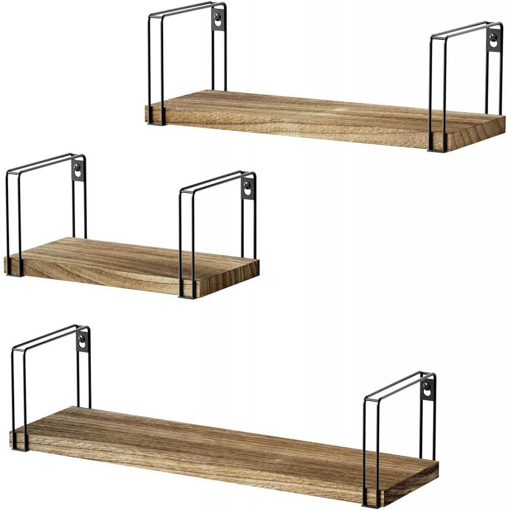 SRIWATANA Rustic Floating Shelves, Hanging Shelves Wall Mount Set of 3, 17 Inch Wood Shelves for Decor, Bedroom, Bathroom, Laundry Room, Living Room, Kitchen, Office - Carbonized Black