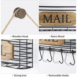 SRIWATANA Mail Organizer Wall Mount, Rustic Mail Holder Key Holder for Wall with Hooks, Small Size, Carbonized Black