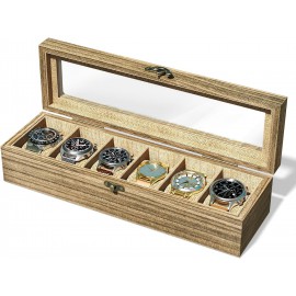 SRIWATANA Watch Box Case Organizer Display for Men Women, 6 Slot Wood Box with Glass Top, Carbonized Black