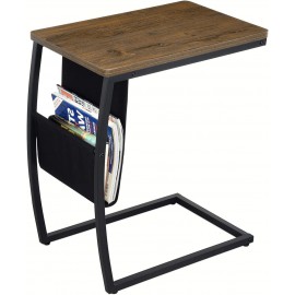 SRIWATANA Side Table End Table, Vintage C Shaped Couch Table with Side Pocket for Sofa Laptop Coffee Snack, Walnut