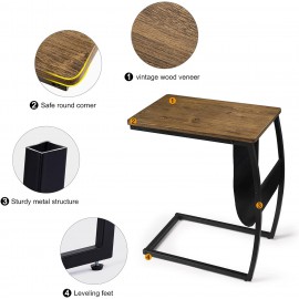 SRIWATANA Side Table End Table, Vintage C Shaped Couch Table with Side Pocket for Sofa Laptop Coffee Snack, Walnut