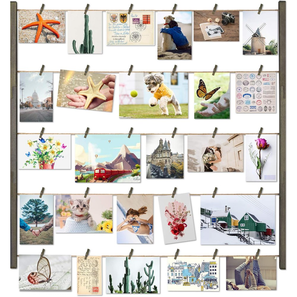 Love-KANKEI Wood Picture Photo Frame for Wall Decor 26×29 inch with 30 Clips and Adjustable Twines Collage Artworks Prints Multi Pictures Organizer and Hanging Display Frames Weathered Grey