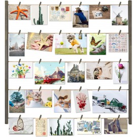 Love-KANKEI Wood Picture Photo Frame for Wall Decor 26×29 inch with 30 Clips and Adjustable Twines Collage Artworks Prints Multi Pictures Organizer and Hanging Display Frames Weathered Grey