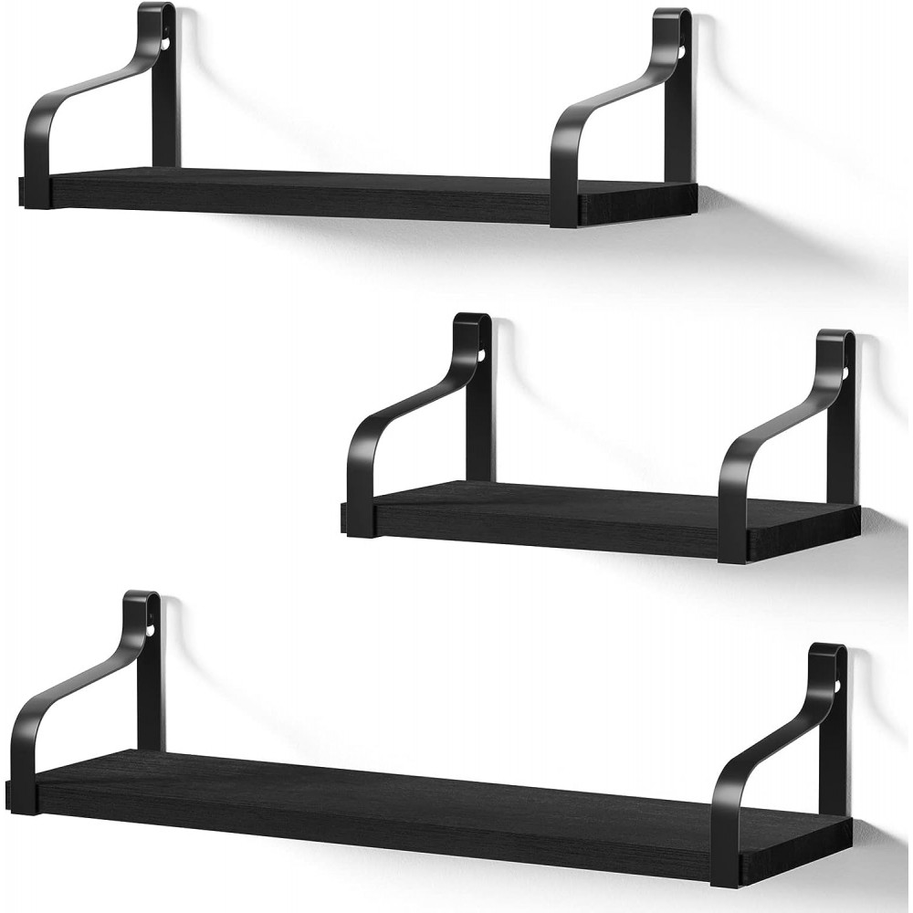 Love-KANKEI Floating Shelves Wall Mounted Rustic Wood Wall Shelves Set of 3 for Bedroom Living Room Bathroom Kitchen Black