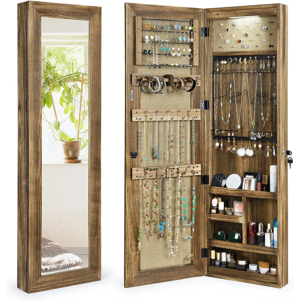 SRIWATANA Jewelry Armoire Cabinet, Solid Wood Jewelry Organizer with Full Length Mirror Wall/Door Mounted(Carbonized Black)