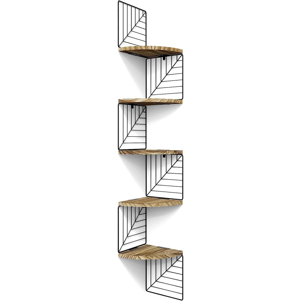 Love-KANKEI Corner Shelf Wall Mount of 5 Tier Rustic Wood Floating Shelves Wall Shelves for Bedroom Living Room Bathroom Kitchen Office and More Carbonized Black