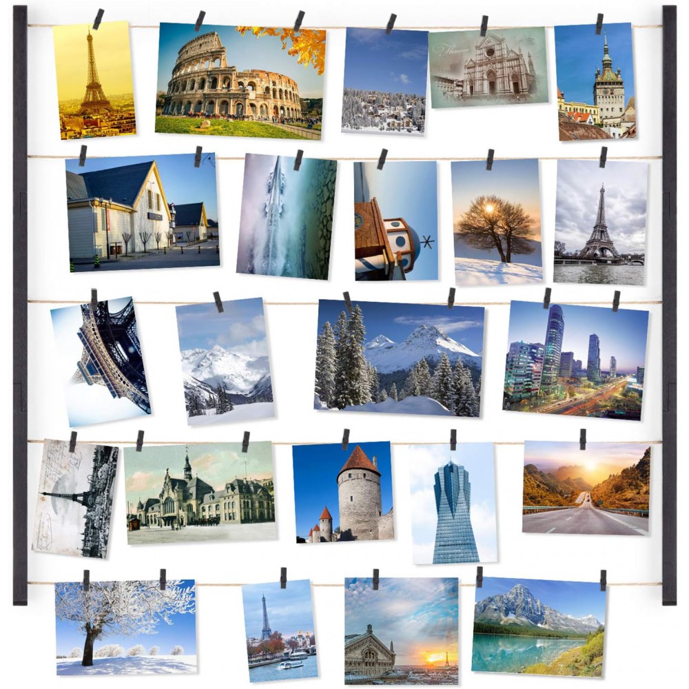 Love-KANKEI Wood Picture Frame Collage Photo Display Frame 26×29 inch with 30 Clips and Adjustable Twines Collage Artworks Prints Pictures Organizer Gift Black