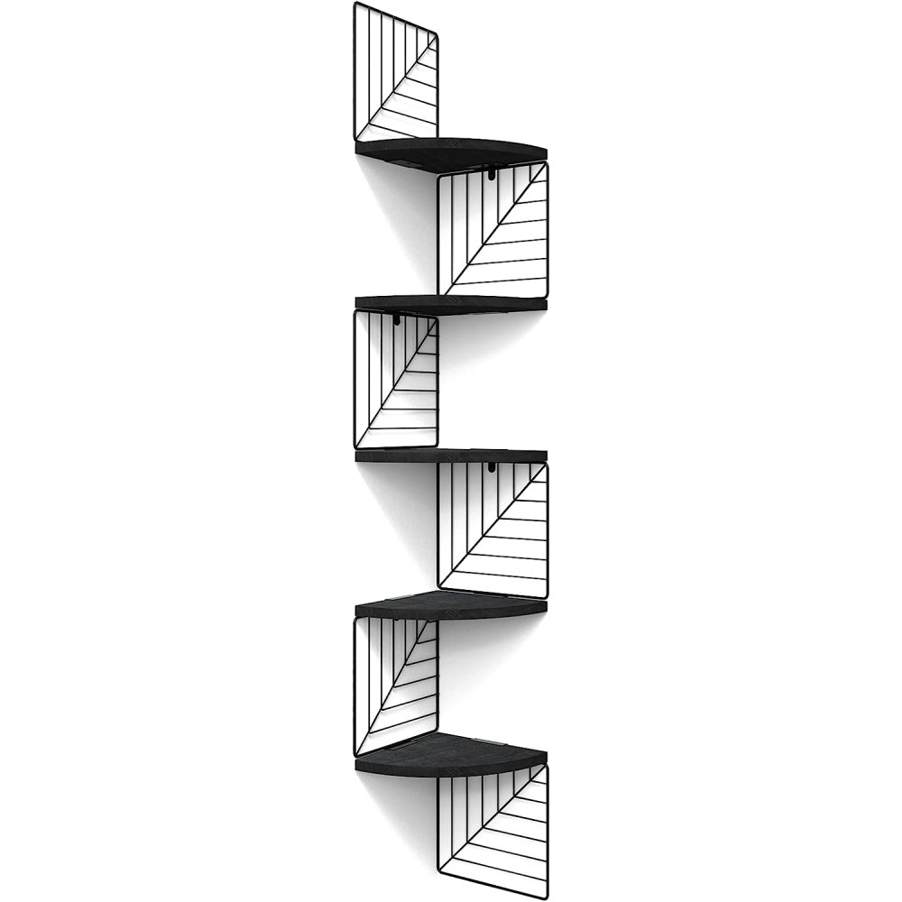 Love-KANKEI Corner Shelf Wall Mount of 5 Tier Rustic Wood Floating Shelves Wall Shelves for Bedroom Living Room Bathroom Kitchen Office and More Black