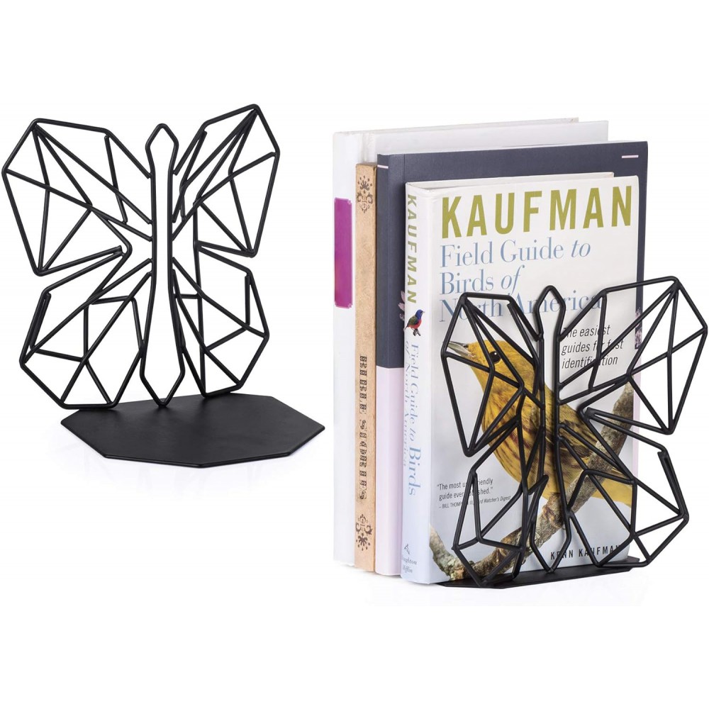 Alsonerbay Bookends Geometric Decorative Metal Book Stoppers Abstract Creative Book Supports, Book Holders for Shelves, Butterfly Book Ends for Office 1 Pair (Black)