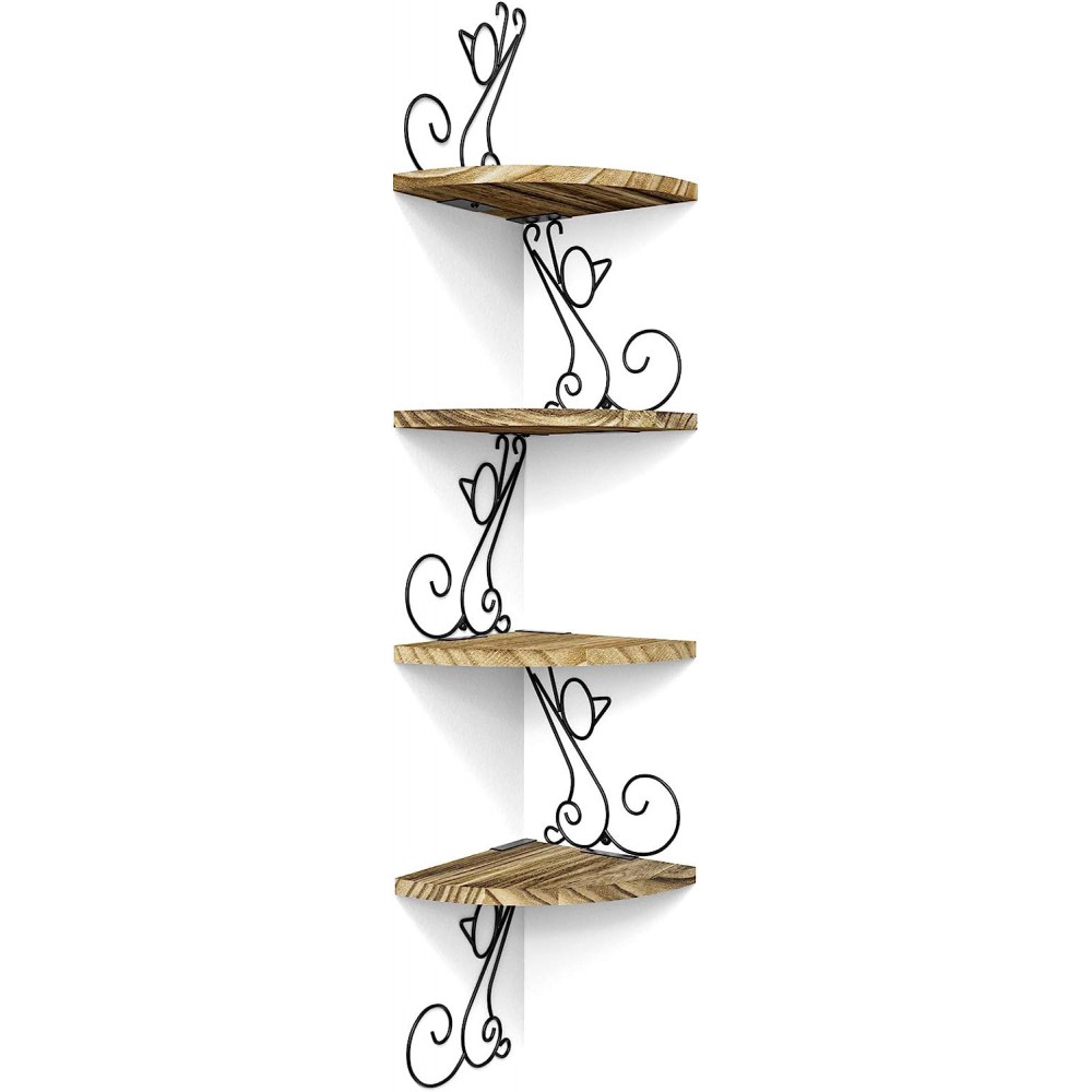 Alsonerbay Wall Mount Corner Shelves 4 Tier Floating Corner Storage Wood Shelves Decorative Rustic Radial Shelf in Cat Shape Carbonized Black