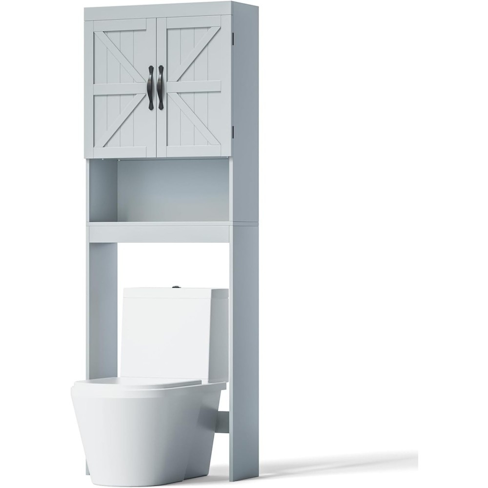 SRIWATANA Over The Toilet Storage Cabinet, Bathroom Organizer with Adjustable Shelf, 2-Door Toilet Storage Rack, Gray