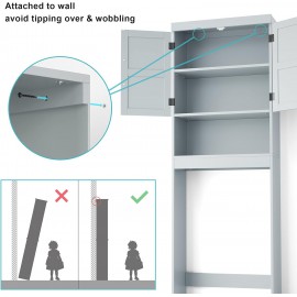 SRIWATANA Over The Toilet Storage Cabinet, Bathroom Organizer with Adjustable Shelf, 2-Door Toilet Storage Rack, Gray
