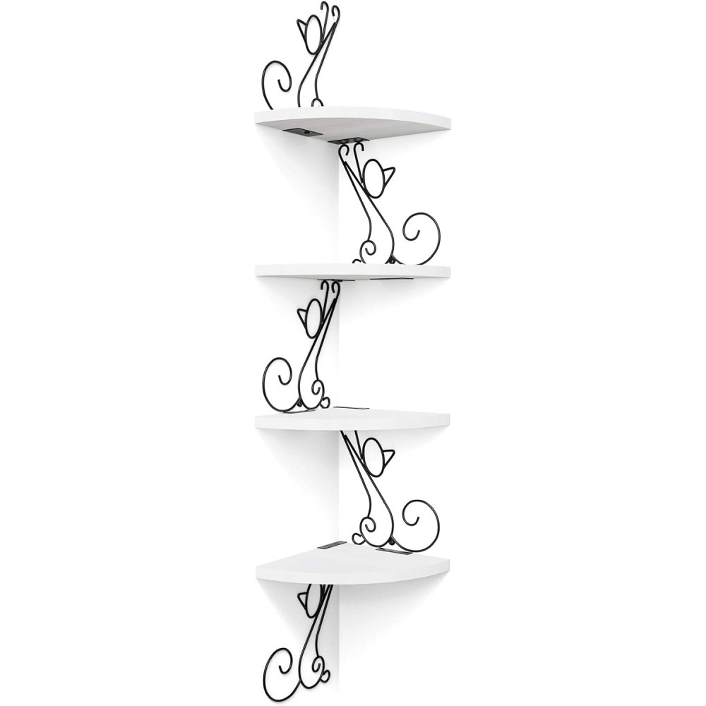 Alsonerbay Floating Corner Wood Shelves, 4 Tier Wall Mounted Rustic Storage Shelf, Cat Shaped Shelving for Wall, Solid Wooden Decor for Living Room, Bedroom, Kitchen, Bathroom, Office White