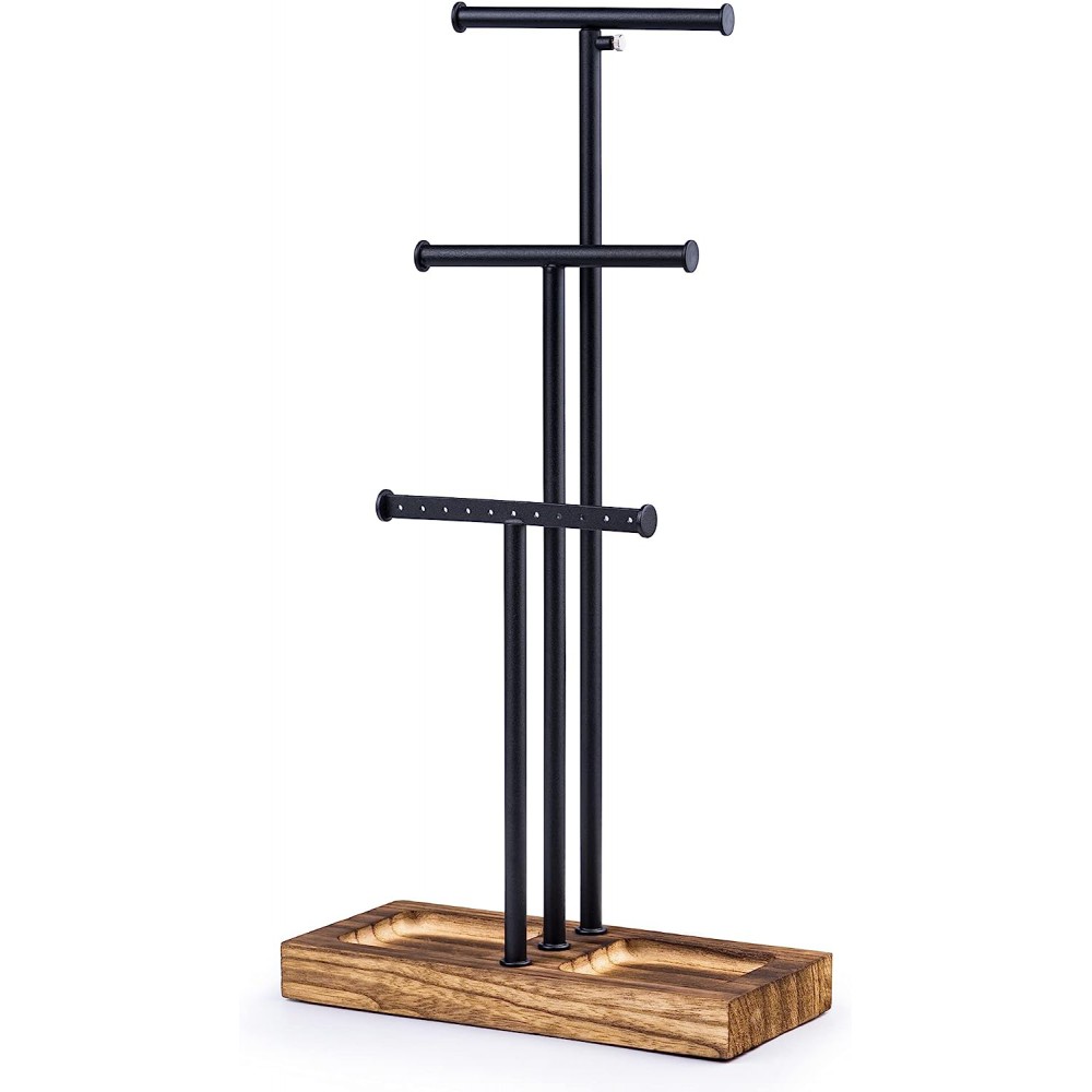 Love-KANKEI Jewelry Organizer Stand Metal & Wood Base and Large Storage Necklaces Bracelets Earrings Holder Organizer Black and Carbonized Black