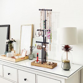 Love-KANKEI Jewelry Organizer Stand Metal & Wood Base and Large Storage Necklaces Bracelets Earrings Holder Organizer Black and Carbonized Black