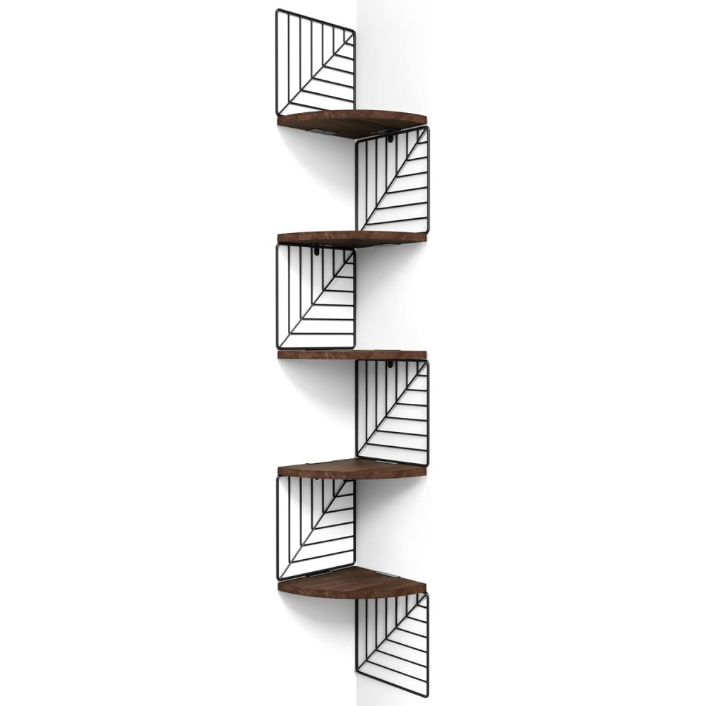 Love-KANKEI Corner Shelf Wall Mount of 5 Tier, Rustic Wood Floating Shelves Wall Shelves for Bedroom Living Room Bathroom Kitchen Office and More Dark Walnut
