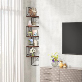 Love-KANKEI Corner Shelf Wall Mount of 5 Tier, Rustic Wood Floating Shelves Wall Shelves for Bedroom Living Room Bathroom Kitchen Office and More Dark Walnut