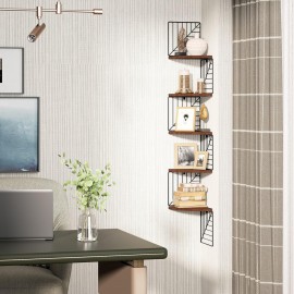 Love-KANKEI Corner Shelf Wall Mount of 5 Tier, Rustic Wood Floating Shelves Wall Shelves for Bedroom Living Room Bathroom Kitchen Office and More Dark Walnut