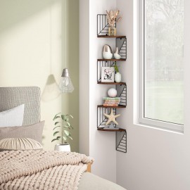 Love-KANKEI Corner Shelf Wall Mount of 5 Tier, Rustic Wood Floating Shelves Wall Shelves for Bedroom Living Room Bathroom Kitchen Office and More Dark Walnut