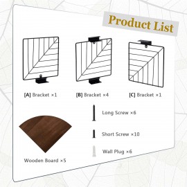Love-KANKEI Corner Shelf Wall Mount of 5 Tier, Rustic Wood Floating Shelves Wall Shelves for Bedroom Living Room Bathroom Kitchen Office and More Dark Walnut