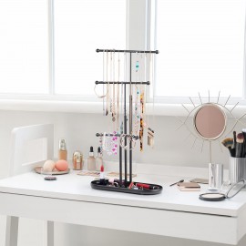 SZQINJI Jewelry Stand Organizer, Metal Jewelry Tree Holder 3-Tier Jewelry Storage Tower for Necklace Display, Earring Hanging Black
