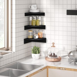 Alsonerbay Black Corner Shelf Wall Mount, Set of 3 Floating Shelves for Wall Storage and Display, Rustic Wall Shelves Wood Shelves for Bedroom, Living Room, Bathroom, Entryway, Garage