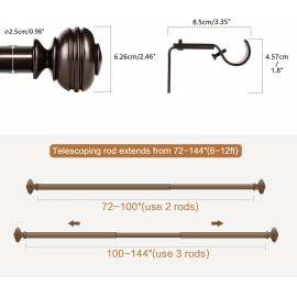Long Curtain Rod, EUPLAR Window Curtain Rod 72-144 Inch with Decorative Honeycombed Finials, 1 Inch Drapery Rods for Living Room, Kitchen, Bronze