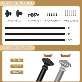 Black Curtain Rod-EUPLAR 1 Inch Long Curtain Rod with Decorative Square Finials, 72-144 Inch Adjustable Window Curtain Rods for Living Room,Kitchen