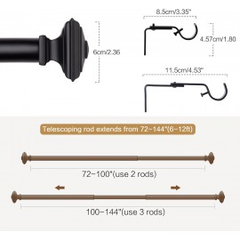 Black Curtain Rod-EUPLAR 1 Inch Long Curtain Rod with Decorative Square Finials, 72-144 Inch Adjustable Window Curtain Rods for Living Room,Kitchen