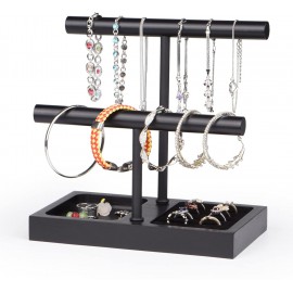 SZQINJI Jewelry Holder Organizers Bracelet Display Stand, Solid Wood Base with 2 Tier Metal T-bar for Bracelet Wristband Bangle Watch Necklace Hanging, Black