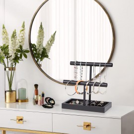 SZQINJI Jewelry Holder Organizers Bracelet Display Stand, Solid Wood Base with 2 Tier Metal T-bar for Bracelet Wristband Bangle Watch Necklace Hanging, Black