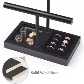 SZQINJI Jewelry Holder Organizers Bracelet Display Stand, Solid Wood Base with 2 Tier Metal T-bar for Bracelet Wristband Bangle Watch Necklace Hanging, Black