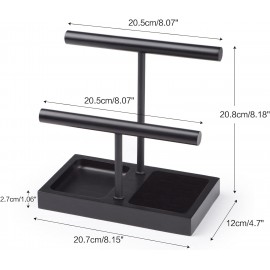 SZQINJI Jewelry Holder Organizers Bracelet Display Stand, Solid Wood Base with 2 Tier Metal T-bar for Bracelet Wristband Bangle Watch Necklace Hanging, Black