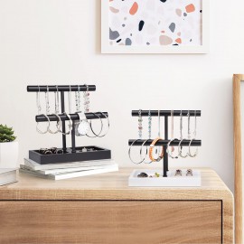 SZQINJI Jewelry Holder Organizers Bracelet Display Stand, Solid Wood Base with 2 Tier Metal T-bar for Bracelet Wristband Bangle Watch Necklace Hanging, Black