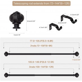 Black Curtain Rod-EUPLAR 1 Inch Long Curtain Rods for Windows, 72 to 144 Inches(6-12 ft) Telescoping Single Drapery Rods Set with Lantern Pattern Finials