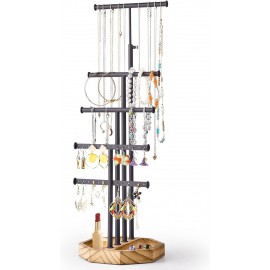 SRIWATANA Jewelry Organizer Stand, 5 Tier Necklace Holder Bracelet Earring Holder Jewelry Display Stand Large Storage with Wood Base, Carbonized Black