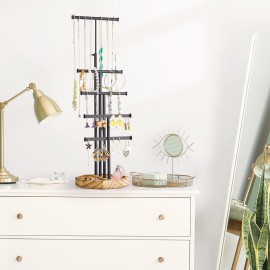 SRIWATANA Jewelry Organizer Stand, 5 Tier Necklace Holder Bracelet Earring Holder Jewelry Display Stand Large Storage with Wood Base, Carbonized Black