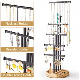 SRIWATANA Jewelry Organizer Stand, 5 Tier Necklace Holder Bracelet Earring Holder Jewelry Display Stand Large Storage with Wood Base, Carbonized Black