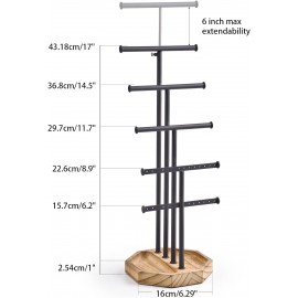 SRIWATANA Jewelry Organizer Stand, 5 Tier Necklace Holder Bracelet Earring Holder Jewelry Display Stand Large Storage with Wood Base, Carbonized Black