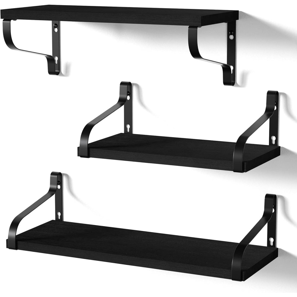 Love-KANKEI Floating Shelves Wall Mounted Set of 3, Large Wood Wall Shelves for Storage, Rustic Shelves for Display Bathroom,Bedroom,Living Room,Kitchen,Office and More Black