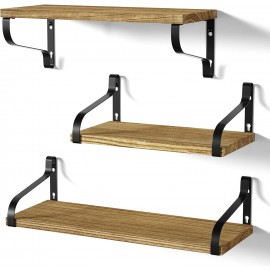 Love-KANKEI Floating Shelves Wall Mounted Set of 3, Large Wood Wall Shelves for Storage, Rustic Shelves for Display Bathroom,Bedroom,Living Room,Kitchen,Office and More Carbonized Black