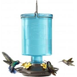 Auslar Hummingbird Feeder, Glass Hummingbird Feeders for Outdoors Hanging, 5 Simulation Flowers Feeding Ports, 23 Ounces, Rust Proof, Leak Proof, Vintage Embossed Glass Bottle (Blue)