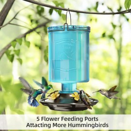 Auslar Hummingbird Feeder, Glass Hummingbird Feeders for Outdoors Hanging, 5 Simulation Flowers Feeding Ports, 23 Ounces, Rust Proof, Leak Proof, Vintage Embossed Glass Bottle (Blue)