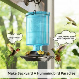 Auslar Hummingbird Feeder, Glass Hummingbird Feeders for Outdoors Hanging, 5 Simulation Flowers Feeding Ports, 23 Ounces, Rust Proof, Leak Proof, Vintage Embossed Glass Bottle (Blue)