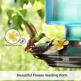 Auslar Hummingbird Feeder, Glass Hummingbird Feeders for Outdoors Hanging, 5 Simulation Flowers Feeding Ports, 23 Ounces, Rust Proof, Leak Proof, Vintage Embossed Glass Bottle (Blue)