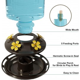 Auslar Hummingbird Feeder, Glass Hummingbird Feeders for Outdoors Hanging, 5 Simulation Flowers Feeding Ports, 23 Ounces, Rust Proof, Leak Proof, Vintage Embossed Glass Bottle (Blue)