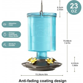 Auslar Hummingbird Feeder, Glass Hummingbird Feeders for Outdoors Hanging, 5 Simulation Flowers Feeding Ports, 23 Ounces, Rust Proof, Leak Proof, Vintage Embossed Glass Bottle (Blue)