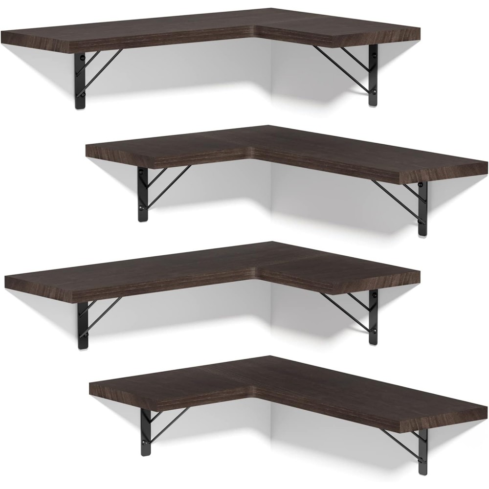 Love-KANKEI Corner Shelf Wall Mounted,Floating Wall Shelves for Storage,Rustic Wood Hanging Shelves for Display,Bedroom Bathroom Living Room Kitchen,Set of 4, Dark Brown